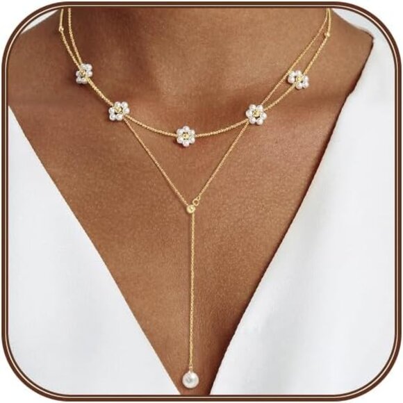 Women’s Gold Layered Daisy Pearl Choker Necklace 14K Plated Dainty Jewelry Gift - Picture 1 of 6